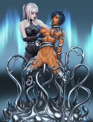 2girls abs areolae armpits arms_tied big_breasts blue_background blue_hair bodysuit breast_grab breasts clothed dark-skinned_female dark_skin fellatio female femdom final_fantasy final_fantasy_xiv gloves green_eyes helpless human hyur interspecies large_breasts legs_tied long_hair mstivoy multiple_girls muscular muscular_female nipples nude omega-f omega_(final_fantasy) one_eye_closed oral pale_skin party_wipe penetration ponytail purple_eyes pussy restrained sex short_hair slime slime_monster spitroast suspension tentacle tentacle_sex tentacles vaginal_penetration white_hair white_skin wince