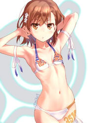 1girls arm_ribbon armpits arms_up bangs bikini blurry blush body_writing breasts brown_eyes brown_hair clavicle female flat_chest flower hair_flower hairpin hip_focus hips jewelry leg_tattoo logo looking_at_viewer medium_hair midriff misaka_mikoto navel number parted_lips print_bikini print_swimsuit raika9 ribbon short_hair small_breasts solo solo_female standing swimsuit tattoo teenage_girl teenager thigh_ribbon to_aru_kagaku_no_railgun to_aru_majutsu_no_index white_bikini white_swimsuit young