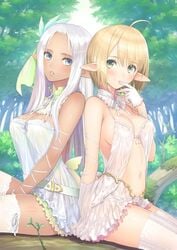 2girls bare_shoulders blonde_hair blue_eyes blush breasts cleavage dark_elf dark_skin dress elf gloves green_eyes hair_ornament highres long_hair looking_at_viewer medium_breasts multiple_girls original parted_lips pointy_ears short_hair sitting smile taka_tony thighhighs white_dress white_hair