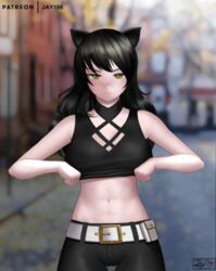 1girls 2019 abs animal_ears animated areolae armpits bare_shoulders belly belt big_breasts black_ears black_hair blake_belladonna bouncing_breasts breasts breasts_out cat_ears catgirl cleavage dark_hair dated eye_contact female female_only flashing half-closed_eyes jay156 long_hair looking_at_viewer navel nekomimi nipples outdoors pants presenting_breasts public public_nudity rwby shirt shirt_lift solo solo_focus tank_top text top_lift underboob watermark yellow_eyes