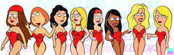 american_dad blonde_hair bonnie_swanson breasts brown_hair choker cleavage connie_d'amico crossover dark-skinned_female dark_skin earrings eyeshadow family_guy female_only francine_smith hayley_smith lana_lockhart lips lipstick lois_griffin meg_griffin multiverse_meg nipples orange_hair pregnant red_lipstick redhead roberta_tubbs slender slender_waist swimsuit swimsuitcheesecake the_cleveland_show wide_hips