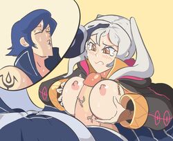 1boy 1girls areolae big_breasts big_penis black_clothing blue_clothing blue_gloves blue_hair blush blushing breasts breasts_out brown_gloves busty chrom_(fire_emblem) closed_eyes clothed_sex clothing davewaterfalls elbow_gloves embarrassed erection exposed_breasts female female_focus fingerless_gloves fire_emblem fire_emblem_awakening hand_on_head hands_on_breasts highres huge_breasts huge_cock large_breasts large_penis looking_down looking_pleasured male multiple_views nervous nintendo nipples orange_eyes outercourse paizuri partially_clothed penis pleasure_face robin_(fire_emblem) robin_(fire_emblem)_(female) small_nipples straight sweat tattoo tearing_up tears twintails veiny_penis video_game video_games voluptuous white_hair yellow_background