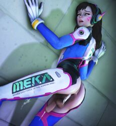 1futa 3d anus balls bodysuit brown_eyes brown_hair crotch_cutout cum cum_in_ass cumdrip d.va futa_only futanari gaping_anus headset intersex long_hair looking_back overwatch penis solo tin-sfm