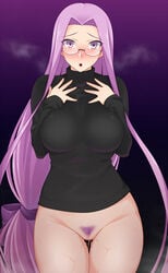 1girls black_sweater blush bottomless breasts breath cowboy_shot eyebrows_visible_through_hair eyes_visible_through_hair fate/stay_night fate_(series) female glasses gradient gradient_background hands_on_own_chest impossible_clothes impossible_sweater large_breasts lips long_hair looking_at_viewer low-tied_long_hair medusa_(fate) namidame pubic_hair purple_background purple_eyes purple_hair pussy_juice solo standing sweatdrop sweater thigh_gap turtleneck turtleneck_sweater very_long_hair