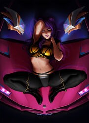 alternate_costume biting_lip breasts eromangaka exhibitionist female hair_play inviting k/da_kai'sa k/da_series kai'sa league_of_legends lying nipples nude purple_hair pussy solo