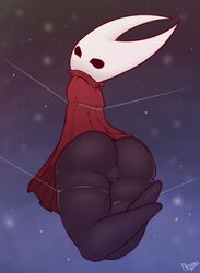 anthro ass black_skin bondage bound butt cape cloak fat_mons female hollow_knight hornet_(hollow_knight) looking_back plebbles red_cape restrained solo string suspension suspension_bondage tagme tied tied_up