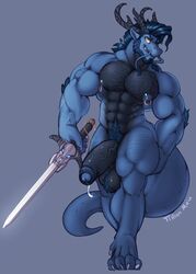 1boy anthro balls beard big_penis cuaroc dragon eastern_dragon facial_hair half-erect horn humanoid_penis male male_only melee_weapon muscular muscular_male nipple_piercing nipples pecs penis piercing scalie solo solo_focus standing sword tilionmaia uncut vein veiny_penis weapon