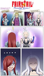 1boy 2girls armor bondage comic english_text erza_scarlet fairy_tail ggc laxus_dreyar long_hair mirajane_strauss red_hair rope strap-on white_hair yuri