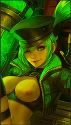 breast_cutout breastless_clothes breasts cabbie_hat female fingerless_gloves game green_eyes green_hair jacket layla_(mobile_legends) matching_hair/eyes medium_breasts mobile_legends mobile_legends:_bang_bang neon_green wink