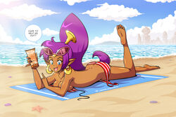 1girls 2018 :d ass barefoot beach bikini blue_eyes blush collarbone commentary dark-skinned_female dark_skin earrings english_commentary english_text eyewear_on_head feet female foot_up holding hoop_earrings jewelry linkerlewds long_hair looking_at_viewer lotion lying ocean on_stomach open_mouth pointy_ears purple_hair shantae shantae_(character) side-tie_bikini smile smooth_skin soles solo speech_bubble striped striped_bikini sunglasses_on_head sunscreen swimsuit talking_to_viewer twitter_username untied untied_bikini very_long_hair