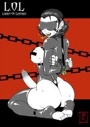 1futa ass blindfold blunt_katana bondage breasts busty chained corset dat_ass futa_only futanari futasub hourglass_figure intersex key kneeling nipple_bulge nipple_tape penis self_bondage solo