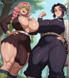 2026 2futas abs ai_generated balls belt black_hair braided_hair breasts bulge butterfly_hair_ornament demon_slayer empty_eyes flexing from_below futa_only futanari gradient_hair green_eyes green_hair highres huge_breasts kanroji_mitsuri kimetsu_no_yaiba long_hair long_sleeves looking_at_viewer mitsuri_kanroji motion_lines muscular outdoors penis pink_hair purple_hair self_upload shadyfox skirt smile smug stable_diffusion sweat sweaty testicles thick_thighs thighs toned two-tone_hair uncensored veiny_penis wide_hips