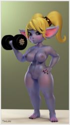 2019 3d abs ass barefoot blue_fur blue_skin breasts dumbbell exercise eyebrows fangs female fur hand_on_hip highres humanoid large_breasts league_of_legends looking_at_viewer mammal muscular nipples nude pointy_ears poppy purple_eyes pussy riot_games shortstack simple_background solo standing sweat tahlian twintails weightlifting weights workout yordle