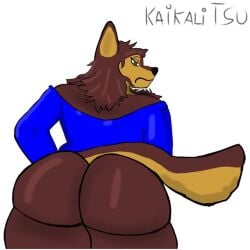 1:1 ass big_butt blue_clothing blue_shirt blue_topwear bottomless brown_body brown_eyes brown_fur brown_hair canid canine canis chase_(paw_patrol) clothed clothing digital_media_(artwork) dog_tail domestic_dog female fur german_shepherd hair hand_on_hip herding_dog ibispaint_(artwork) kaikalitsu looking_back mammal nickelodeon pastoral_dog paw_patrol rule_63 shirt thick_thighs topwear voluptuous_female yellow_body yellow_fur