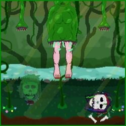1:1 anthro bad_end bear bone border carnivorous_plant colored_nails colored_toenails corpse death digestion error_message feet female forest giant_panda green_border group hanging_plant hologram jungle lagomorph leporid mammal milky_rivas milkybun29 nails plant plant_vore rabbit river skull snuff swallowing tentacle toenails toes tree trio venus_flytrap vore