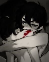 1boy 1girls 2d aldael andrew_graves ashley_graves bite biting black_hair blood brother_and_sister female green_eyes implied_sex incest male nude ponytail siblings straight the_coffin_of_andy_and_leyley
