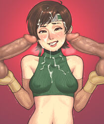 bangs bare_shoulders blush breasts brown_eyes bukkake caressing_testicles censored collarbone crop_top cum cum_in_mouth cum_on_clothes cum_on_hair dark-skinned_male dark_penis detached_sleeves disembodied_penis erect_nipples facial female final_fantasy final_fantasy_vii fishnets forehead_protector gloves half-closed_eyes kingdom_hearts large_penis lips maou_alba medium_breasts midriff mosaic_censoring multiple_penises navel ninja nose nose_blush penis pixelated red_background short_hair sleeveless sleeveless_turtleneck solo_focus swept_bangs trembling turtleneck yellow_gloves yuffie_kisaragi