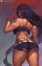 ass clothing curvy cutesexyrobutts female female_only gloves hair huge_ass ikkitousen kanu_unchou long_hair looking_back muscles muscular muscular_back muscular_female shorts solo thick_thighs