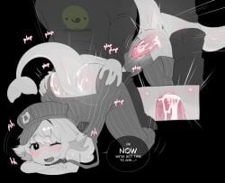 2026 anal anal_sex anthro anus ass ass_up black_eyes black_speech_bubble bodily_fluids bottomwear breast_squish breasts clothed clothing conductor_hat cum cum_in_ass cum_inside cum_on_butt digital_drawing_(artwork) digital_media_(artwork) duo ejaculation english_text female fish from_behind_position genital_fluids genitals gray_arms grey_body grey_butt grey_face grey_hands hi_res karika_(niniidawns) leaking_cum male male/female marine niniidawns one_eye_closed open_bottomwear open_clothing open_pants pants partially_colored penetration penis plap sex shark shark_tail squish text train_conductor white_text wink