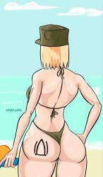 azov_chan back back_view beach big_ass big_butt bikini blonde-haired_female blonde_female blonde_hair cap marichka military_hat sexy thong ukrainian ukrainian_girl ukrainian_text