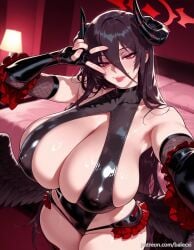 ai_generated alternate_costume balecxi bare_shoulders black_gloves black_hair black_leotard blue_archive cleavage cosplay covered_nipples elbow_gloves female fingerless_gloves hair_between_eyes halo hasumi_(blue_archive) horns huge_breasts long_hair looking_at_viewer mole red_eyes selfie smile solo tongue tongue_out v v_over_eye wings