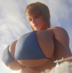 1girls 3d 3d_(artwork) airplane big_breasts bikini blonde_female blonde_hair blue_bikini blue_swimwear breasts dbhfrost female female_focus female_only giant_female giant_woman giantess giga_giantess huge_boobs huge_breasts human human_female macro macro_female metroid nintendo plane playing samus_aran scrag_samus solo solo_female solo_focus swimwear video_game_character