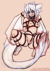 2019 blep bound breasts collar female firekitty forked_tongue highres horn humanoid multicolored_hair navel nipples orange_background pink_eyes pussy red_hair rope rope_bondage rope_harness scales silver_soul simple_background small_breasts solo tongue tongue_out two_tone_hair white_hair white_scales wings