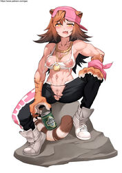 abs animal_ears backwards_hat baseball_cap beer_can blush bra breasts brown_hair can chain_necklace chains claws cleavage commentary drunk english_commentary eyebrows_visible_through_hair fangs female flipped_hair full_body fur gao-lukchup gold_chain hand_on_own_knee hat highres jewelry large_breasts long_hair midriff monster_girl muscle muscular_female navel nipples no_panties original pants pendant pubic_hair pussy ribbon rock shoes sitting slit_pupils sneakers solo sports_bra spread_legs strap_gap tail tiger_ears tiger_tail torn_bra torn_clothes torn_pants underwear wrist_ribbon yellow_eyes yoga_pants