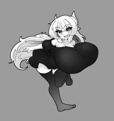 1girl 1girls big_breasts black_and_white breasts breasts_bigger_than_head cleavage clothed clothed_female clothes clothing curvy curvy_female cute_fang dragon dragon_girl dragon_horns dragon_humanoid female female_focus female_humanoid female_only hi_res high_resolution highres horn horned_female horned_humanoid horns huge_breasts humanoid ilulu ilulu_(dragon_maid) ilulu_(maidragon) kobayashi-san_chi_no_maidragon large_breasts long_hair masked_agent miss_kobayashi's_dragon_maid monochrome no_visible_genitalia open_mouth open_mouth_smile pointy_ears shirt short_stack shortstack simple_background small_but_busty smile smiling smiling_female solo_female standing_on_one_leg swaying_breasts textless thigh_highs thighhighs voluptuous voluptuous_female