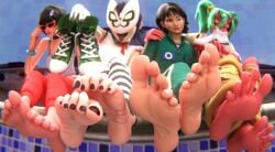 3d 4girls asian asian_female barefoot black_hair blue_hair clothed crossover doopysart_(artist) evie_(fortnite) feet foot_fetish fortnite glass_bridge_survivor_(fortnite) gorillaz green_hair holding_shoes kang_sae-byeok legs masked_female medium_breasts nemia_(fortnite) noodle_(gorillaz) noodle_(plastic_beach) pool punk punk_girl red_skin sitting skinny slim slim_waist sniffing_shoe soles squid_game sunglasses toes toes_scrunch tongue_out wrinkled_feet wrinkled_soles