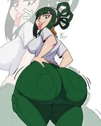 1girls ass big_ass bottom_heavy bubble_butt fat_ass female female_only gluteal_fold green_hair hands_on_hips huge_ass jeans large_ass looking_at_viewer looking_back low-angle_view massive_ass my_hero_academia my_hero_academia_(finale) pants pantylines png post-timeskip shirt solo thick_ass thick_thighs thunder_thighs tongue tongue_out tsuyu_asui wide_hips zrfurious