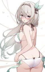 1girls alternate_version_available artist_request ass back_view behind_view bikini blush female_focus female_only firefly_(honkai:_star_rail) gradient_background gradient_eyes gradient_hair hair_ornament headband honkai:_star_rail honkai_(series) long_hair looking_at_viewer looking_back multicolored_eyes open_mouth silver_hair solo solo_female swimsuit worried worried_expression