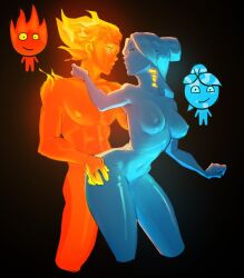 almost_kissing antwolph black_background blue_body collar couples duo elemental_creature elemental_humanoid female fire fire_creature fireboy_(fireboy_and_watergirl) fireboy_and_watergirl gaze glowing humanoid imminent_kiss looking_at_another male male/female nude orange_body reference_image references simple_background spiked_collar spikes water water_creature watergirl_(fireboy_and_watergirl)