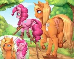 2019 absurd_res animal_genitalia animal_pussy anus ass closed_eyes crotchboobs cutie_mark dankflank duo earth_pony equine equine_pussy female feral friendship_is_magic heart hi_res hooves horn horse mammal memory_match_(oc) my_little_pony open_mouth outside pinkie_pie_(mlp) pony puffy_anus pussy smile tree underhoof unicorn