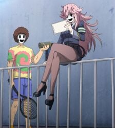 1boy 1girls ass breasts brown_hair clothing high-rise_invasion holding_object kusakabe_yayoi large_breasts mask pink_hair screencap stitched tenkuu_shinpan thighs yayoi_kusakabe