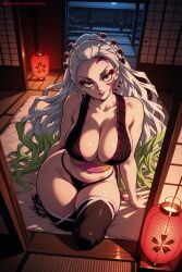 1girl ai_generated black_legwear black_panties bra breasts cleavage collarbone daki_(kimetsu_no_yaiba) demon_slayer earrings facial_mark green_eyes hi_res high_quality high_resolution kiraamane lantern large_breasts long_hair looking_at_viewer navel panties paper_lantern patreon seductive seiza sexy shouji sitting sliding_doors smile solo tatami tattoo thighhighs thighs uncensored underwear veranda very_long_hair watermark