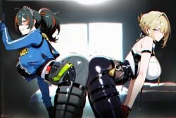 2girls ai_generated angry_expression ass ass_focus ass_to_ass big_ass big_breasts big_butt clothed cottonmilk evelyn_chevalier gloves neutral_expression side_view sweat sweaty thick_ass thick_thighs zenless_zone_zero zhu_yuan