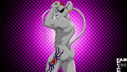 1boy 2012 abs alien antennae anthro ass biceps big_muscles biker_mice_from_mars black_nose closed_eyes ear_piercing eye_patch eyewear fabfelipe fur grey_fur male male_focus male_only mammal modo_(bmfm) mouse muscles nipples nude pecs piercing pinup pose robotic_arm rodent solo tattoo teeth