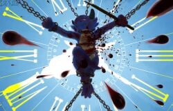 14:9 backlighting blood blood_spray bodily_fluids bound chains clear_sky clock di-fl excessive_blood female hi_res kobold light lighting low-angle_view painting_(artwork) scalie self-harm sky stab_wound stabbed_heart suicide worm's-eye_view