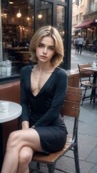 ai_generated androgynous_male bare_legs beautifulboyai black_dress black_window_frames blonde-haired_male blue_eyes buildings cafe coffee_cup coffee_shop crumbs femboy flat_chest fully_clothed gay hands head_tilt kneeling_oral_position knees legs_crossed lips_parted looking_at_viewer medium_hair original_character patio pavement pectoral_cleavage people_in_background pretty_boy shops street tables v-neck windows wooden_chairs