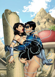 1boy 1girls ambiguous_penetration batman_(series) big_ass big_balls big_breasts big_penis black_hair blue_eyes boots bottomless clothed_sex clothing dc dc_comics dick_grayson donna_troy duo female hair long_hair looking_at_another looking_at_partner male mask masked miycko moaning mouth_open muscles muscular muscular_male nightwing no_pants penetration penis r_ex red_lipstick ripped_clothes ripped_clothing sex short_hair straight thick_thighs thighs tight_clothing troia