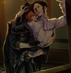 against_wall belt_buckle bungo_stray_dogs chuuya_nakahara clothed denimecho dry_humping exposed_chest gloves holding_crotch holding_hat humping opening_shirt ryuunosuke_akutagawa unbuttoned_pants zipper