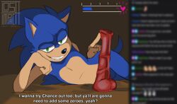 animal_dildo animal_sex_toy anthro bedroom_eyes blue_body digital_drawing_(artwork) digital_media_(artwork) dildo english_text equine_dildo eulipotyphlan featureless_crotch green_eyes hedgehog livestream looking_at_viewer losttimpactt lying male male_only mammal narrowed_eyes on_side red_dildo seductive sega sex_toy smile solo sonic_(series) sonic_the_hedgehog sonic_the_hedgehog_(series) stream_chat text