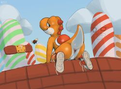 1boy ?_block absurd_res anthro anus balls barely_visible_balls barely_visible_genitalia brick_block clothing cloud countershading footwear furry furry_male furry_only genitals glibnel goomba hi_res legwear looking_back male male_only mario_(series) nintendo orange_body orange_yoshi outside perineum presenting presenting_anus reptile scalie shell shocked shoes solo solo_male thigh_highs y_anus yoshi