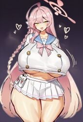 1girls ahoge ai_generated antenna_hair antennae antennae_(anatomy) arms_behind_back bare_legs bare_thighs big_breasts blue_archive blush blush_lines braided_hair breasts breasts_bigger_than_head child_bearing_hips clothes_too_small dark_background facing_viewer female female_only green_eyes halo hanako_(blue_archive) heart_symbol horny horny_female huge_breasts long_hair looking_at_viewer mayuai pink_hair ribbon school_uniform smile smiling smiling_at_viewer solo_female tagme tits_bigger_than_head tummy underboob wide_hips wide_thighs