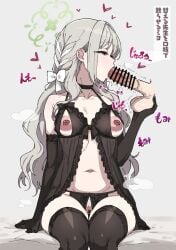 1boy assertive_female babydoll black_babydoll black_panties black_thighhighs blue_archive bow breasts caressing_testicles commentary_request crotchless crotchless_panties cupless_babydoll erection fellatio female frilled_babydoll front_slit green_halo grey_hair halo lingerie long_hair looking_at_penis mitsuame_miiro miyo_(blue_archive) navel nipple_cutout nippleless_clothes nipples oral panties penis sitting straight testicle_grab testicles thighhighs translation_request underwear underwear_only white_bow