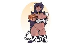 bacon breasts_bigger_than_head butter county_fair_cutie cow_bell cow_girl cow_print_thigh_highs cow_tail feet food glass_of_milk horns lactation lactation_through_clothes large_breasts long_hair milk pancakes plate pregnant purple_hair ripped_clothing simple_background slick_(county_fair_cutie) squirting_milk syrup tail thick_thighs thighhighs white_background