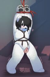 andromorph andromorph_anthro animal_genitalia animal_vulva animate_inanimate anthro arms_above_head arms_tied bear black_hair blush bondage bound bunny_(milkbearbunny) canine_genitalia canine_vulva featureless_chest gag gagged genitals gradient_background green_background hair hands_tied hi_res intersex intersex_anthro living_plushie mammal micro micro_anthro milkbearbunny nude_andromorph nude_anthro otm_gag pawpads plushie plushophilia red_background restraints rope rope_bondage rope_harness simple_background simple_eyes solo standing strategically_placed_hole teddy_bear_(species) trans_(lore) trans_man_(lore) vulva white_body