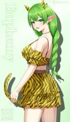 :d absurdres anal_tail animal_print artist_name ass bare_shoulders braid braided_ponytail breasts butt_plug character_name commission commissioner_upload cosplay cowboy_shot earrings elf euphemy_sylvaine fake_tail female green_background green_eyes green_hair highres holding_own_tail horns jewelry large_breasts long_hair looking_at_viewer lori_hagami lum lum_(cosplay) official_art open-mouth_smile open_mouth patreon_username pointy_ears ponytail profile qr_code sex_toy simple_background skirt smile solo tail tail_grab tiger_print twitter_logo twitter_username urusei_yatsura username ways_of_darkness_(series) yellow_skirt