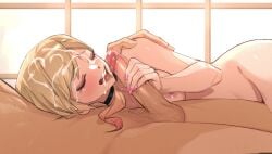 1boy acht black_choker blonde_hair breasts choker commentary cum cum_on_body facial female highres kitagawa_marin long_hair momdadno penis smile solo_focus sono_bisque_doll_wa_koi_wo_suru testicles untranslatable_commentary